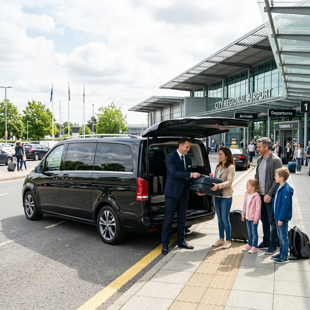Luxury executive van and professional chauffeur assisting a family with suitcases at Beauvais Airport