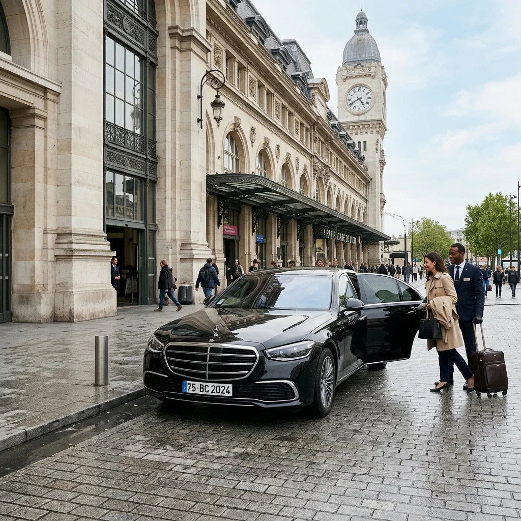 Black luxury sedan waiting near the station entrance of Paris Gare de Lyon with chauffeur