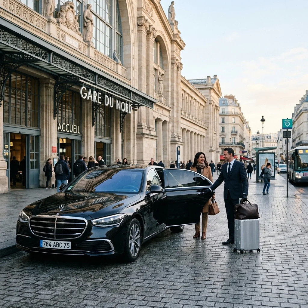 Mercedes executive sedan and private chauffeur welcoming international travelers outside Paris Gare du Nord