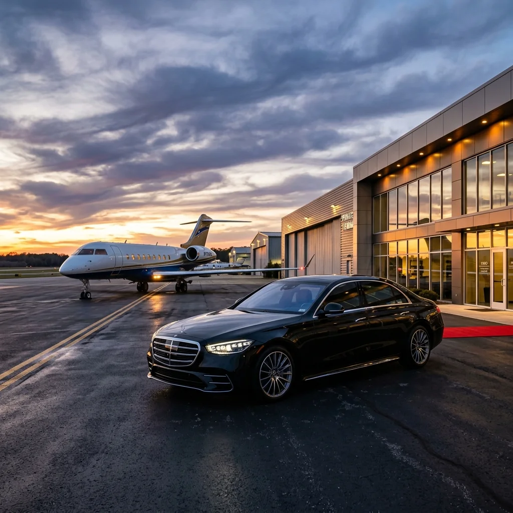 Luxury black Mercedes S-Class sedan parked on tarmac next to private jet at Le Bourget Airport