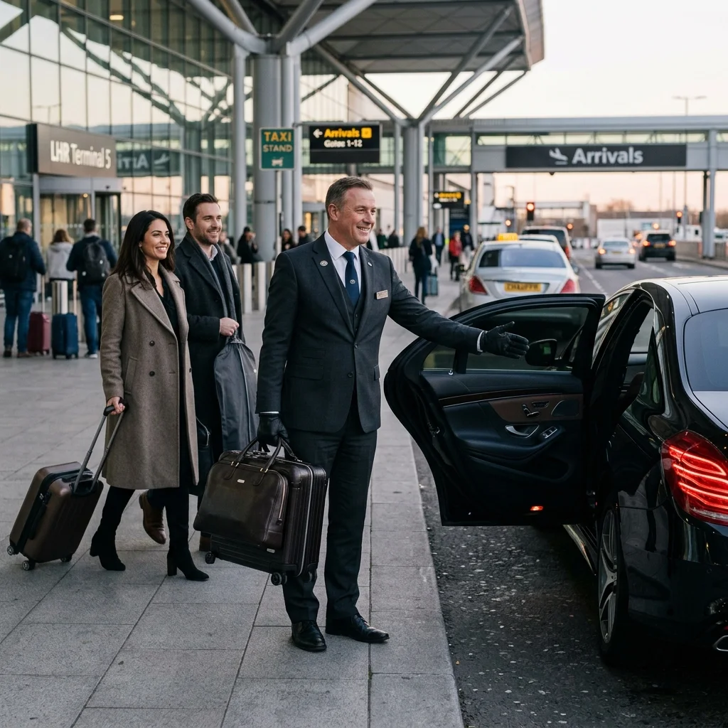 Professional chauffeur in elegant dark suit welcoming travelers with suitcases at Orly Airport
